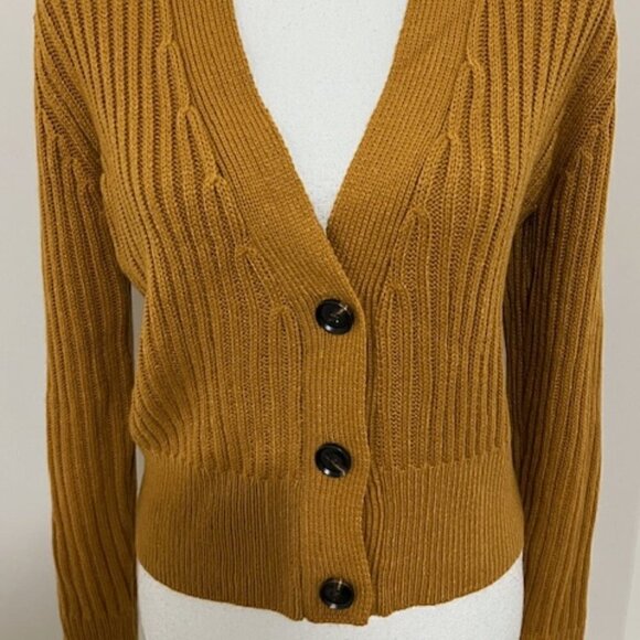 Lulus Rib Crop V-Neck Button Cardigan Sweater in Camel Color - Picture 3 of 5